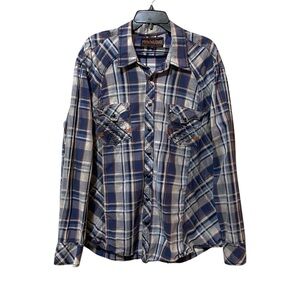 Rock & Roll Cowboy Blue & Gray Plaid Shirt Snap Button Cotton Long Sleeve XXL